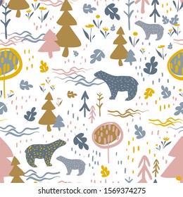 vector seamless colorful pattern. Backdrop image with cute doodle-style trees, flowers, and bear's silhouette