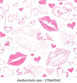 Vector seamless colorful pattern background. Abstract illustration with hearts, lipstick kisses, and text: For You. 