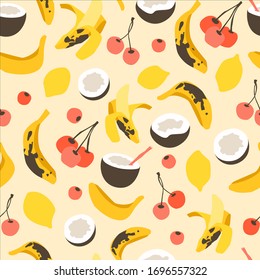 Vektorillustration nahtlose farbige Muster mit Banane, Kokosnuss, Kirsche und Zitronen auf gelbem Hintergrund. Moderne Sommertextur für Küchentextilien, Kinderhintergründe, Menüdesign, Restaurantinnenausstattung. 