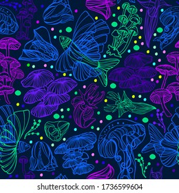 Vector seamless colorful pattern with bioluminescent fish and mushrooms or fungi in dark tones. The design is perfect for wallpaper, clothes, 