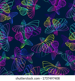 Vector seamless colorful pattern with bioluminescent abstract decorative fish in dark tones. The design is perfect for wallpaper, clothes, backgrounds, shirts, sweatshirts.