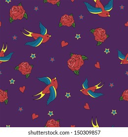 Vector seamless colorful pattern with birds, roses and stars