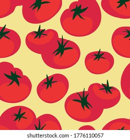 Vector seamless colorful pattern with bright red eco vegetable tomatoes. Healthy food and lifestyle design. Perfect for packages, decorations, logos, wrapping paper, kitchen supplies, surfaces