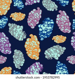 Vector seamless colorful pattern with bright sketched lined hand-drawn clouds on blue. The design is perfect for wallpapers, backgrounds, fashion design, clothes, advertisement, decorations.