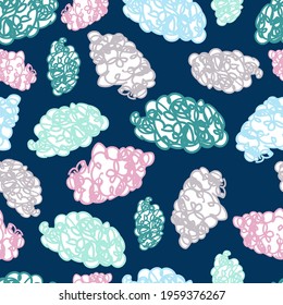 Vector seamless colorful pattern with bright sketched lined hand-drawn clouds on blue. The design is perfect for wallpapers, backgrounds, fashion design, clothes, advertisement, decorations.