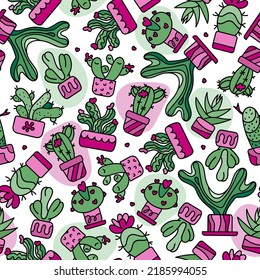 Vector seamless colorful pattern with cactus in pot. Doodle hand draw.