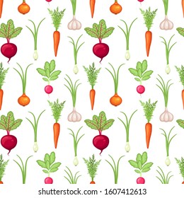 Vector seamless colorful pattern with carrot, onion, garlic, radish, beet root. Fresh organic vegetables on white background