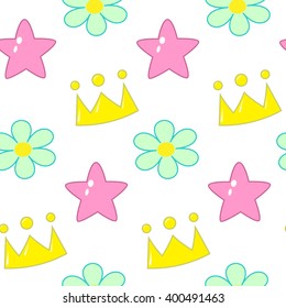 Vector seamless colorful pattern cartoon tales attributes . The pattern of the crown, flower, child motif. White background Childish background for print, baby room,