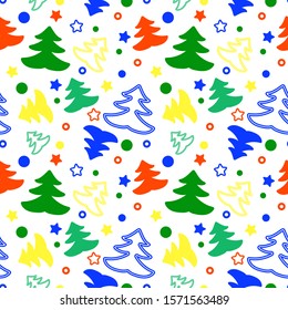 Vector seamless colorful pattern christmas decorative illustration line art colorful Christmas trees and stars on white background