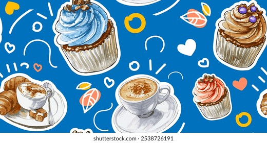 Vetor café padrão colorido sem costura e massa no fundo azul. Croissant saboroso, cupcake, uma xícara de café. Deliciosa refeição do café da manhã plana mão desenhada ilustração. Impressões de tecido, banner, blog