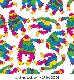 Criptozoología de patrones de colores sin fisuras vectoriales bailando yeti en colores brillantes sobre fondo blanco. El diseño es perfecto para textiles, fondos, papel pintado, papel de envoltura