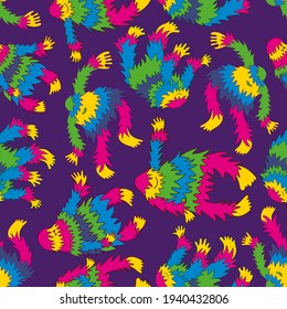 Criptozoología de patrones de colores sin fisuras vectoriales bailando yeti en colores brillantes sobre fondo morado. El diseño es perfecto para textiles, fondos, papel pintado, papel de envoltura