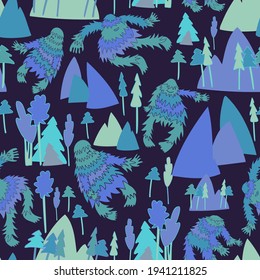 Criptozoología de patrón sin fisuras vectorial yeti bailando en el paisaje forestal en tonos azules. El diseño es perfecto para textiles, fondos, papel pintado, papel de envoltura