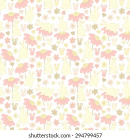 vector seamless colorful pattern with cute rabbits and pink flowers