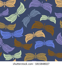 Vector seamless colorful pattern design with abstract ornamental butterflies on blue background. Can be used for printing on paper, stickers, badges, bijouterie, cards, textiles. 
