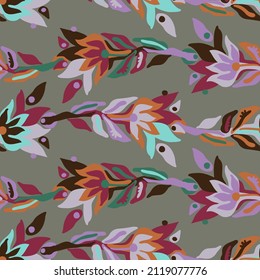 Vector seamless colorful pattern design of botanical abstract flowers in bright colors on grey. Perfect for textiles, wrapping paper, wallpaper