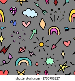 Vector seamless colorful pattern with different stars, sparkles, arrows, hearts, diamonds, signs and symbols. Hand drawn, doodle style. Design for wallpaper, wrapping, stationery, textile