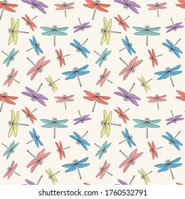 Vector seamless colorful pattern of different hand drawn doodle dragonflies