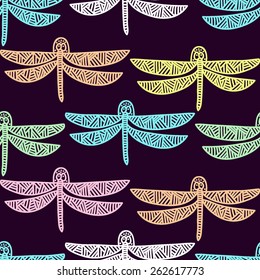 Vector seamless colorful pattern with dragonflies on dark background.
