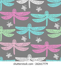Vector seamless colorful pattern with dragonflies and butterflies on gray background.