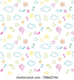 vector seamless colorful pattern drawings, flower, pen cloud
