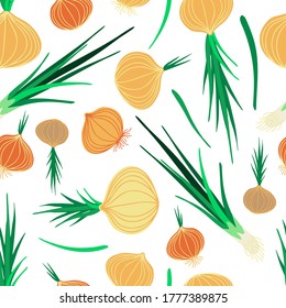 Vector seamless colorful pattern with eco friendly vegetable onion in lines. Healthy food and lifestyle design. Perfect for packages, decorations, logos, wrapping paper, kitchen supplies, surfaces