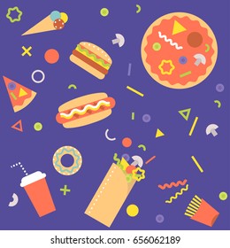 Vector seamless colorful pattern of fast food in geometric retro style.