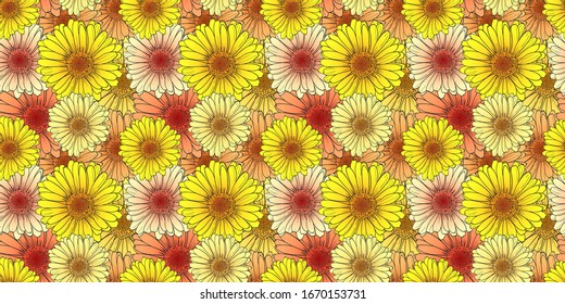 Vektorillustration nahtlose farbige Muster mit Blumen, hellgelben, orangefarbenen und roten Farben, handgezeichnete Illustrationsvorlage, grafischer Hintergrund.