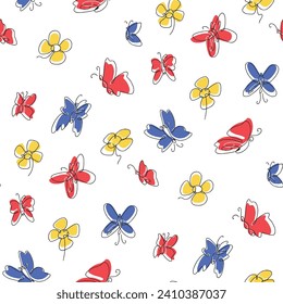 Vector Seamless Colorful Pattern with Flowers and Butterflies White Background 3600 x 3600 pixel