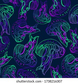 Vector seamless colorful pattern with green and purple lined bioluminescent mushrooms or fungi in dark tones. Design with jellyfish. The design is perfect for wallpaper, clothes, 