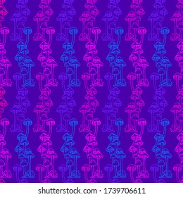 Vector de color sin fisuras con hongos bioluminiscentes verdes y violetas en tonos oscuros. Diseño con medusas. El diseño es perfecto para tapicería, ropa, 