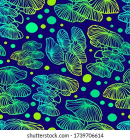 Vector seamless colorful pattern with green and purple lined bioluminescent mushrooms or fungi in dark tones. Design with jellyfish. The design is perfect for wallpaper, clothes, 