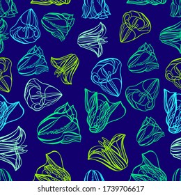 Vector seamless colorful pattern with green abstract lined bioluminescent mushrooms or fungi in dark tones on blue background. Design with jellyfish. The design is perfect for wallpaper, clothes, 