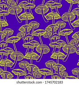 Vector seamless colorful pattern with green and purple lined bioluminescent mushrooms or fungi in dark tones. Design with jellyfish. The design is perfect for wallpaper, clothes, 