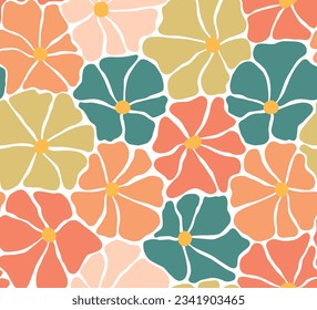 Vector seamless colorful pattern with groovy hippie flowers. Abstract background in Matisse style