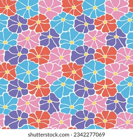 Vector seamless colorful pattern with groovy hippie flowers. Abstract background in Matisse style