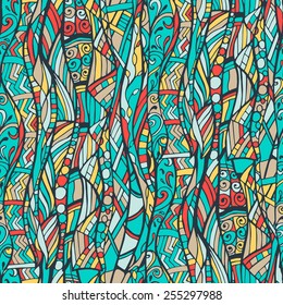 Vector seamless colorful pattern, hand drawn, doodles. Abstract decorative ornaments and waves.