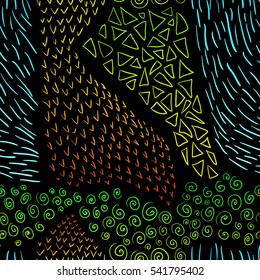 Vector seamless colorful pattern. Hand draw abstract backdrop on a dark background