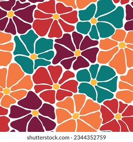 Vector seamless colorful pattern with hippie flowers. Abstract groovy background in Matisse style