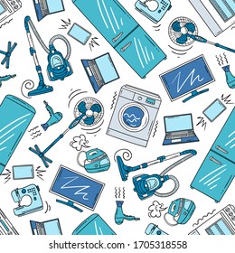 Vector seamless colorful pattern with home appliances. Isolated cartoon technics on white background