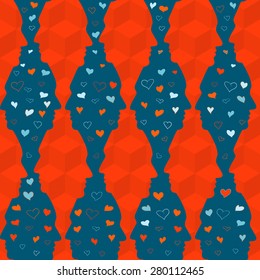 vector seamless colorful pattern of human profiles and hand-drawn hearts. It can be used as print on textiles