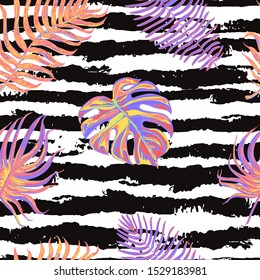 Vector seamless colorful pattern with illustration of tropical leaves on black and white striped background. Can be used for wallpaper, pattern fills, web page, surface textures, textile print, wrappi