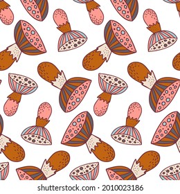 Vector seamless colorful pattern with lined mushrooms or fungi in warm orange tones. Autumn design. Design is perfect for wallpaper, clothes, backgrounds, textiles, wrapping paper