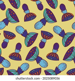 Vector seamless colorful pattern with lined mushrooms or fungi in blue tones on yellow background. Autumn design. Design is perfect for wallpaper, clothes, backgrounds, textiles, wrapping paper