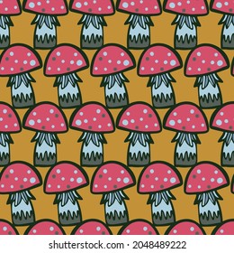 Vector seamless colorful pattern with lined mushrooms or fungi in warm red tones. Autumn design. Design is perfect for wallpaper, clothes, backgrounds, textiles, wrapping paper