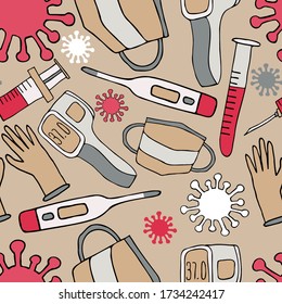 Vector seamless colorful pattern of medical set, including electric and infrared thermometers, gloves, syringe, test tube and virus cells. Perfect for backgrounds, banners, badges, advertisements.