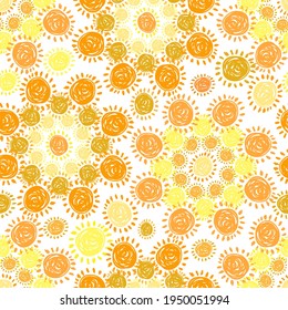 Vector seamless colorful pattern with orange and yellow hand-drawn suns in circles. The design is perfect for wallpapers, backgrounds, fashion design, clothes, advertisement, decorations, stickers