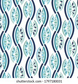 Vector seamless colorful pattern of ornamental abstract shapes in lines in blue