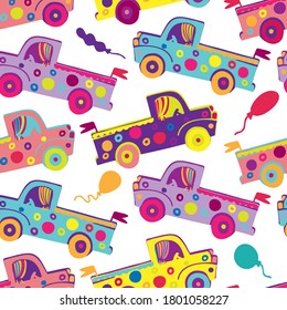 Vector seamless colorful pattern ornamental cars with flags on white background