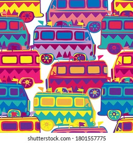 Vector seamless colorful pattern ornamental buses with flags on white background